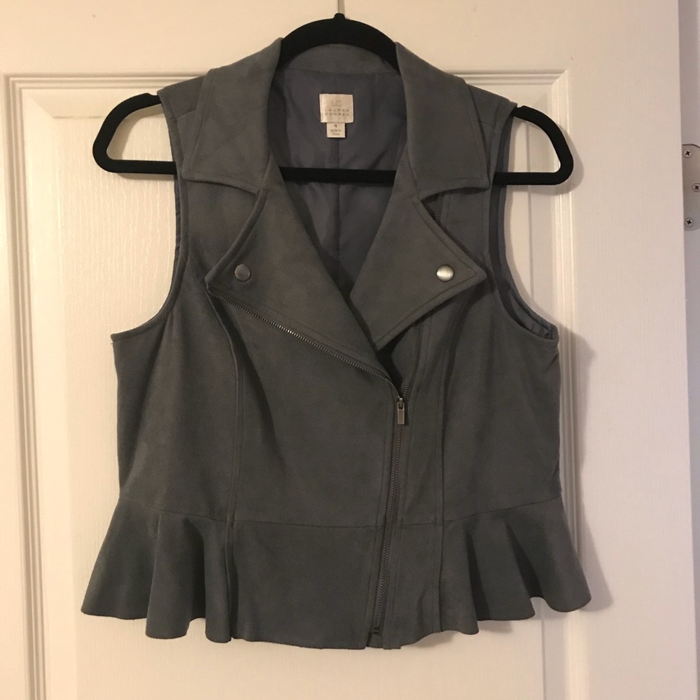 LAUREN CONRAD Grey Peplum Suede Moto Vest